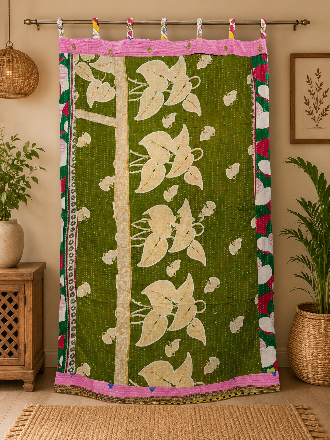 Green Vintage Kantha Curtain – Handmade Cotton Patchwork Boho Indian Window Door Curtain – 1 Pc - Image 3