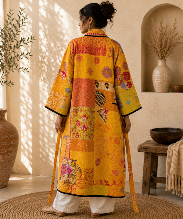 Alternative view of Mustard Yellow Multicolor Vintage Kantha Long Kimono Robe – Handmade Patchwork Cotton Boho Jacket