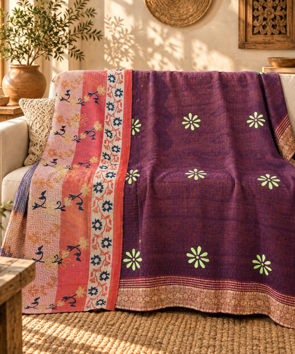 Vintage Purple Kantha Quilt 60x90 Inches – Handmade Cotton Boho Bedspread Throw
