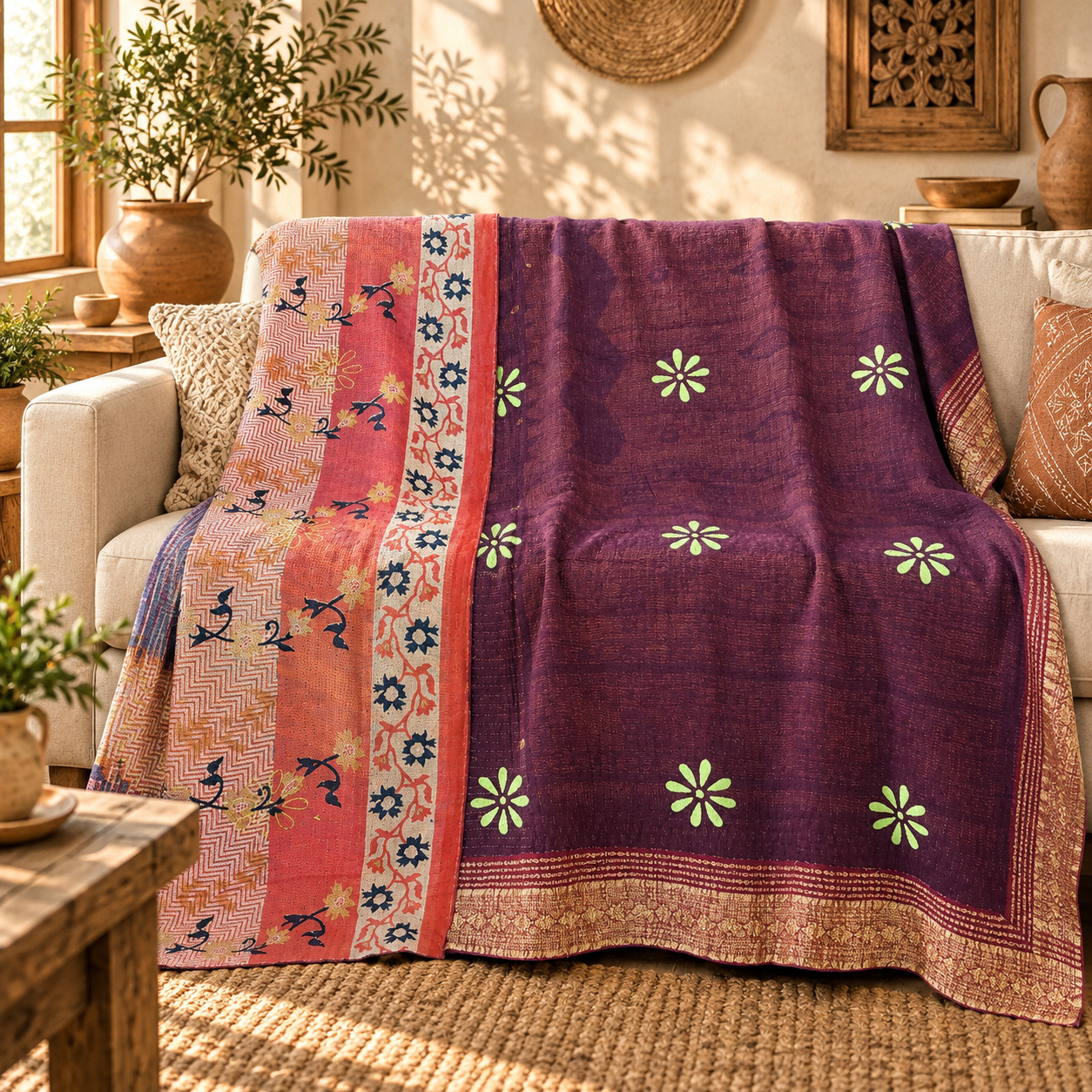 Vintage Purple Kantha Quilt 60x90 Inches – Handmade Cotton Boho Bedspread Throw