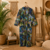 Navy Blue Paisley Print Cotton Long Kimono Robe for Women – Boho Free Size Maxi Kimono with Belt & Pockets - Image 4