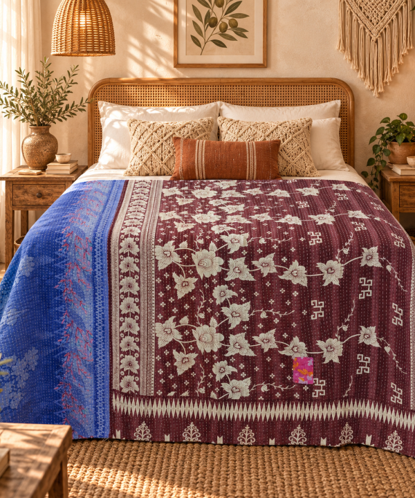 Alternative view of Vintage Handmade Kantha Quilt – Blue & Burgundy Floral Recycled Sari Bed Throw | Reversible Indian Kantha Blanket