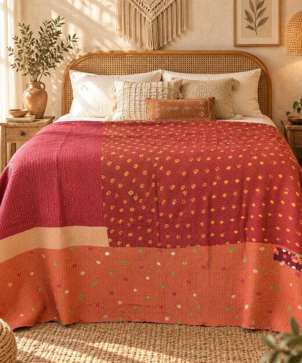 Alternative view of Vintage Handmade Kantha Quilt – Red & Coral Recycled Cotton Bedspread, Indian Boho Sofa Throw Blanket