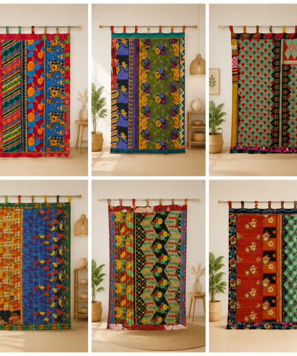 Vintage Kantha Patchwork Curtain 1 Pc – Multicolor Cotton Sari Window Panel Boho Tab Top Curtain