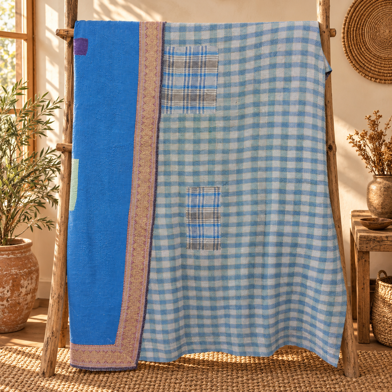 Vintage Blue Check Kantha Quilt – Hand Stitched Cotton Bedspread Throw 60 x 90 Inches - Image 5