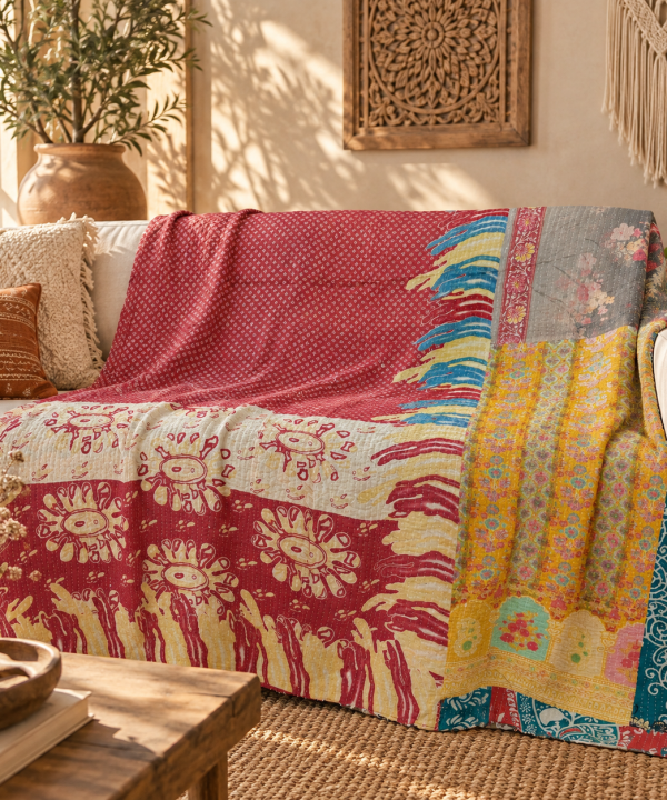 Vintage Red Kantha Quilt – Handmade Recycled Sari Cotton Patchwork Bedspread Boho Throw, MN-VKQ-TW-1344