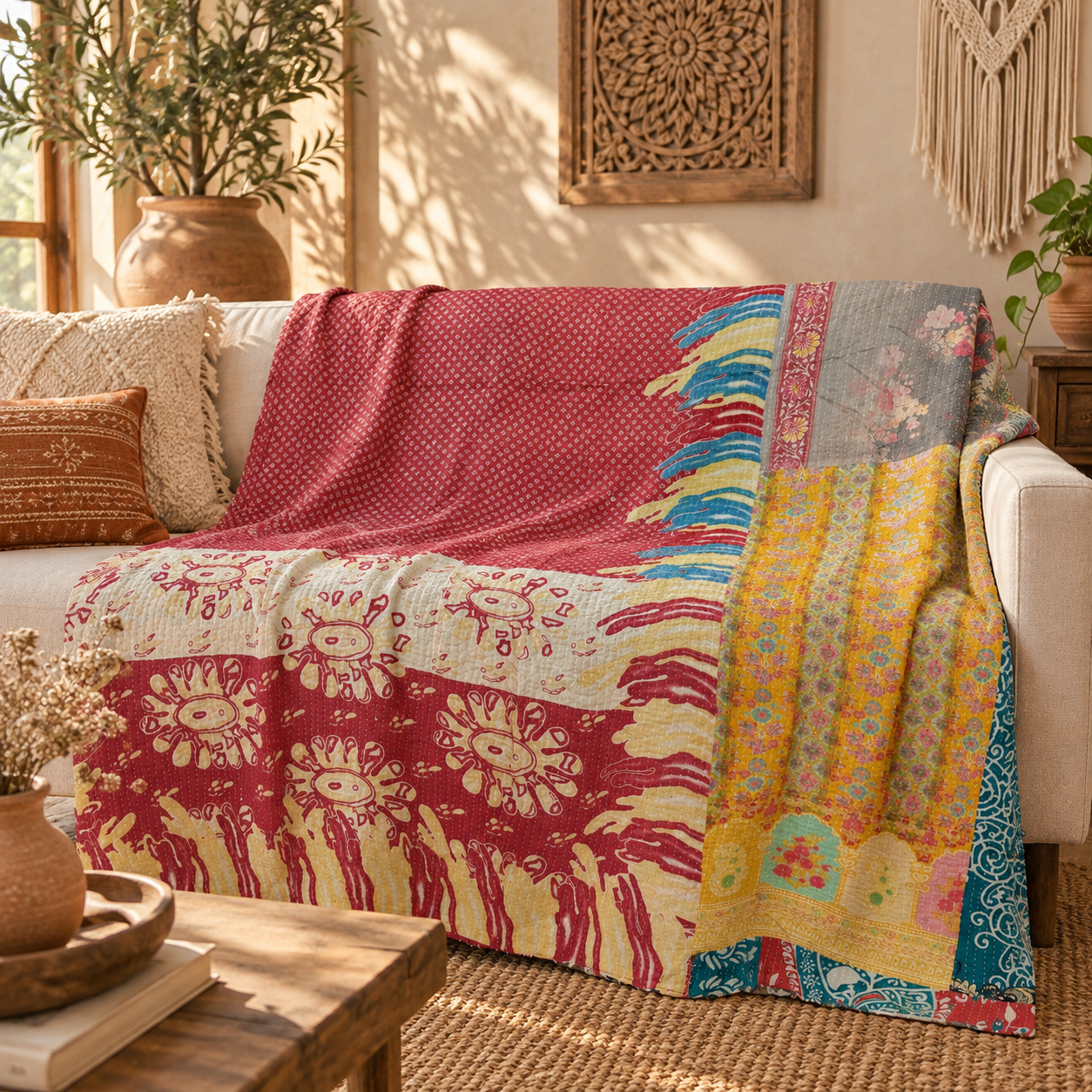 Vintage Red Kantha Quilt – Handmade Recycled Sari Cotton Patchwork Bedspread Boho Throw, MN-VKQ-TW-1344