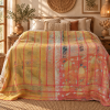 Mustard Yellow & Coral Pink Vintage Kantha Quilt 60 x 90 Inches – Handmade Cotton Bedspread – One of a Kind - Image 2