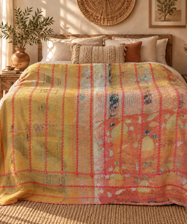 Alternative view of Mustard Yellow & Coral Pink Vintage Kantha Quilt 60 x 90 Inches – Handmade Cotton Bedspread – One of a Kind