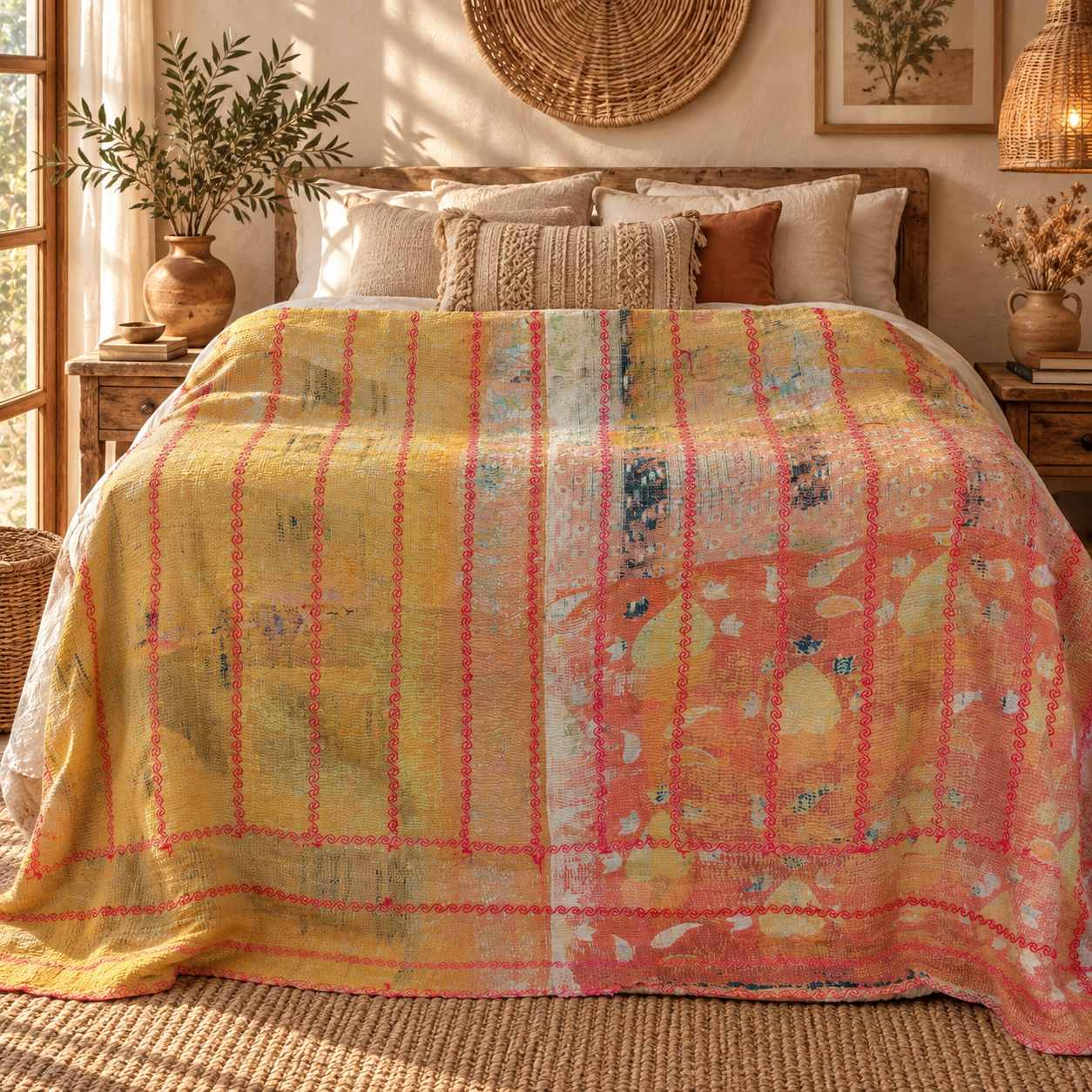Mustard Yellow & Coral Pink Vintage Kantha Quilt 60 x 90 Inches – Handmade Cotton Bedspread – One of a Kind - Image 2