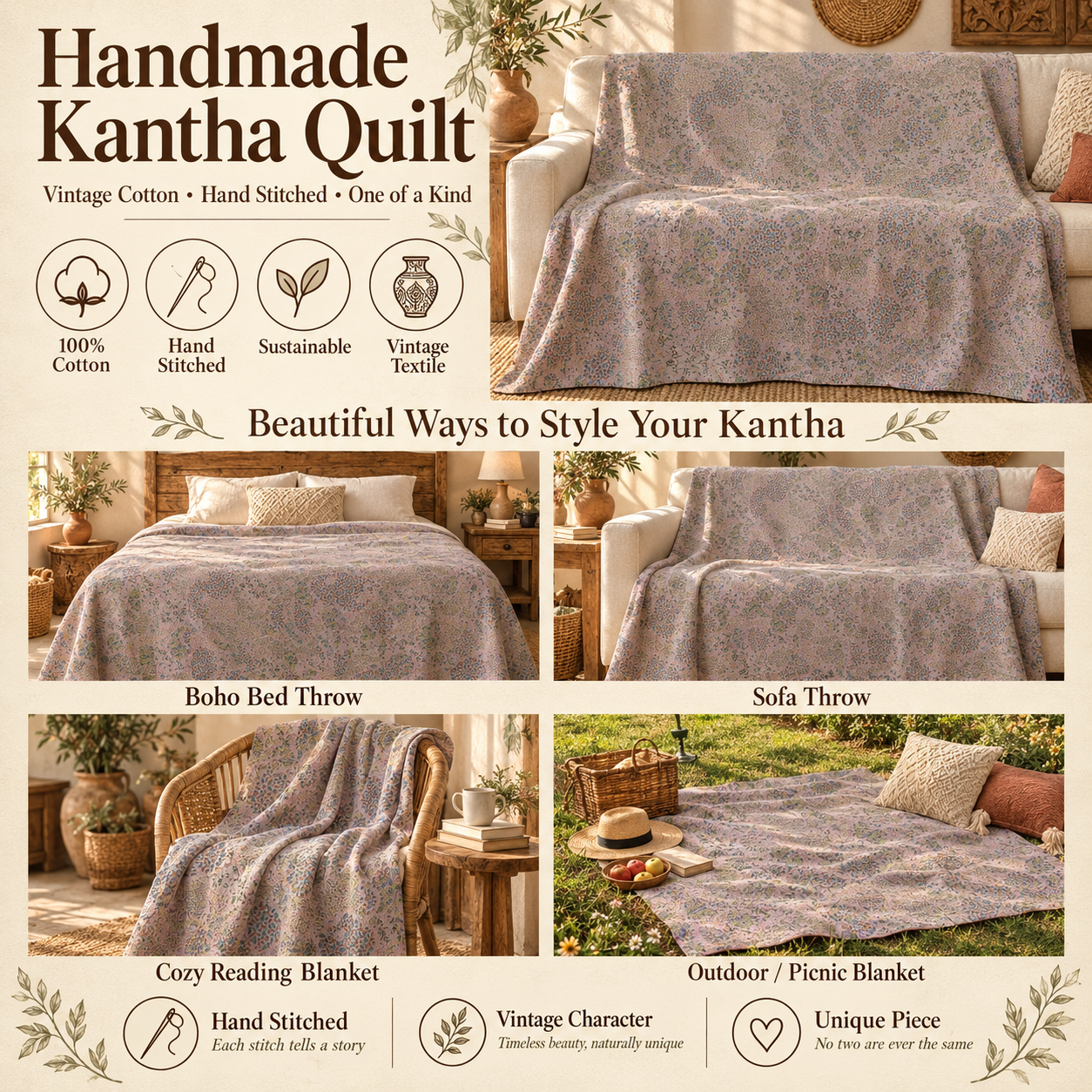 Vintage Pastel Floral Kantha Quilt 60x90 Inches – Hand Stitched Cotton Boho Bedspread Throw - Image 4
