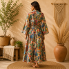 Multicolor Frida Kahlo Print Long Kimono Robe for Women – Boho Floral Cotton Dressing Gown, Free Size Belted Maxi Kimono - Image 2