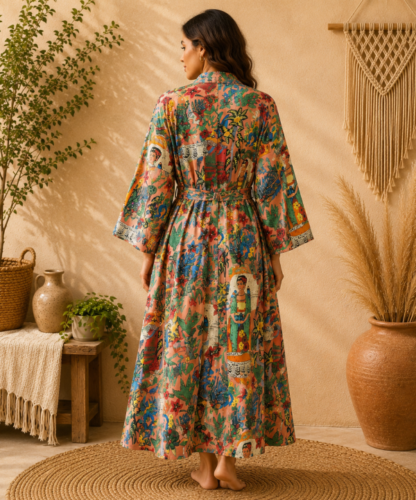 Alternative view of Multicolor Frida Kahlo Print Long Kimono Robe for Women – Boho Floral Cotton Dressing Gown, Free Size Belted Maxi Kimono