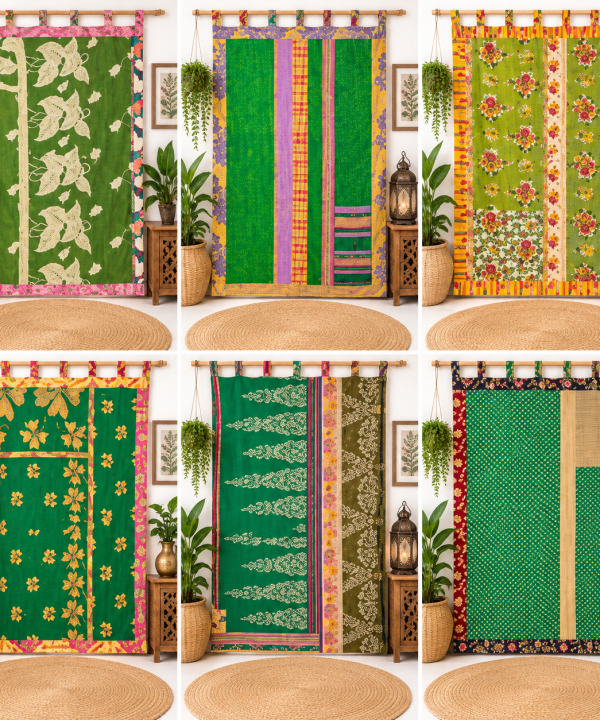 Green Vintage Kantha Curtain – Handmade Cotton Patchwork Boho Indian Window Door Curtain – 1 Pc