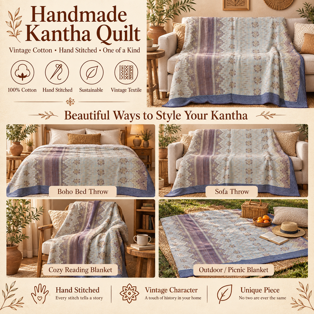 Light Blue & Lavender Vintage Kantha Quilt 60 x 90 Inches – Handmade Floral Cotton Bedspread – One of a Kind - Image 4