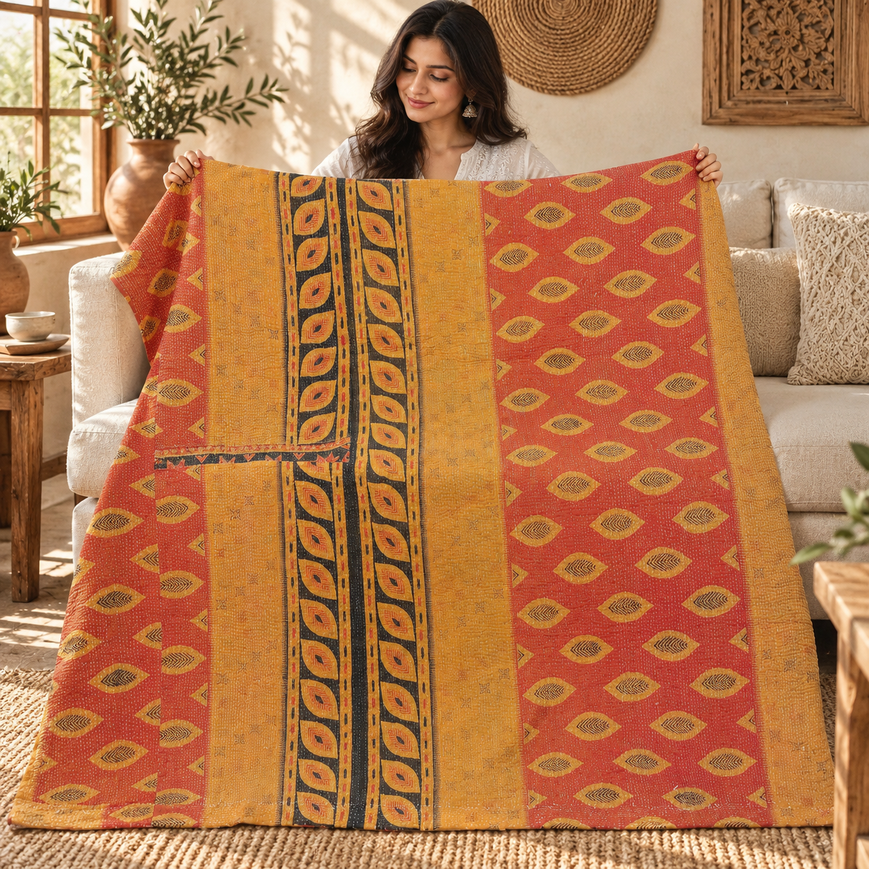 Vintage Mustard Yellow & Rust Red Kantha Quilt 60x90 Inches – Handmade Cotton Bedspread Throw - Image 3