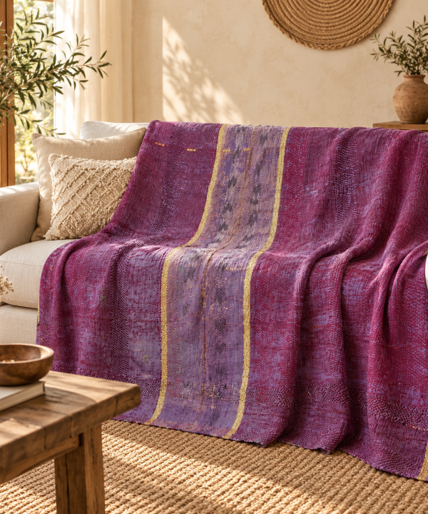 Vintage Handmade Kantha Quilt 50x80 Inches – Recycled Cotton Indian Bed Throw, Reversible Boho Blanket