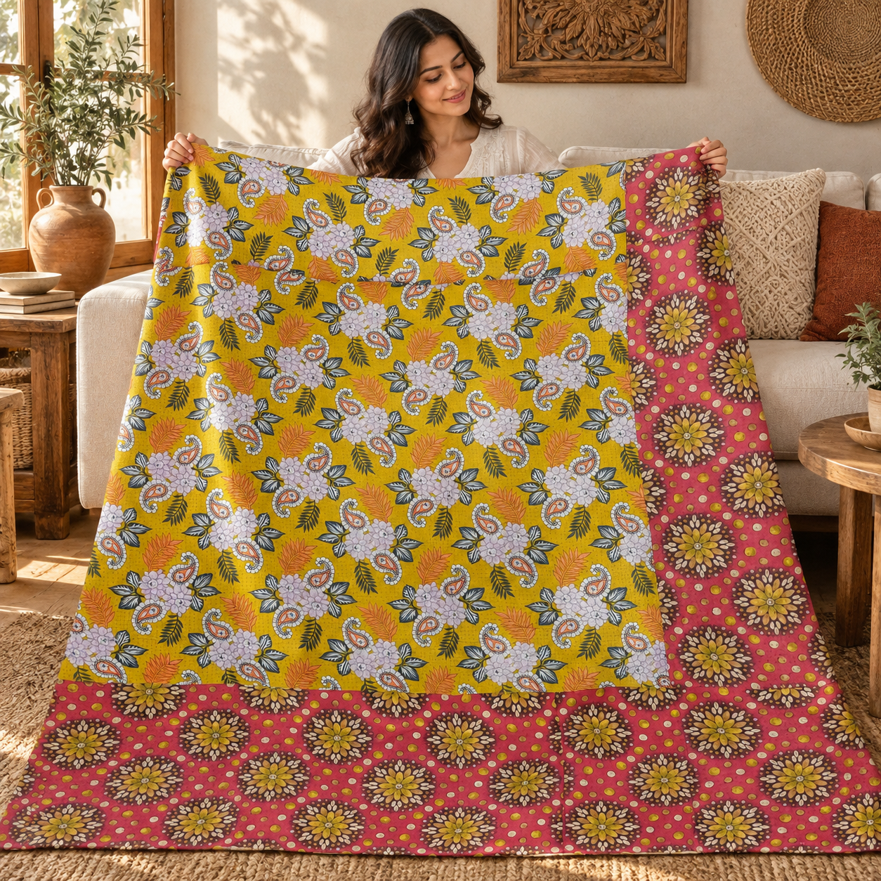 Vintage Mustard Yellow & Red Kantha Quilt 60x90 Inches – Handmade Floral Cotton Bedspread - Image 3