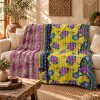 Vintage Handmade Kantha Quilt – Yellow & Purple Floral Recycled Sari Throw, Reversible Boho Indian Bedspread
