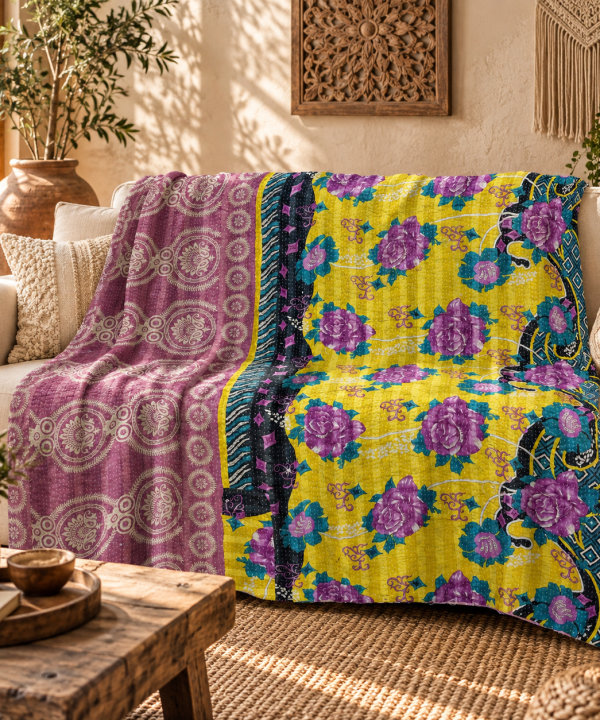Vintage Handmade Kantha Quilt – Yellow & Purple Floral Recycled Sari Throw, Reversible Boho Indian Bedspread