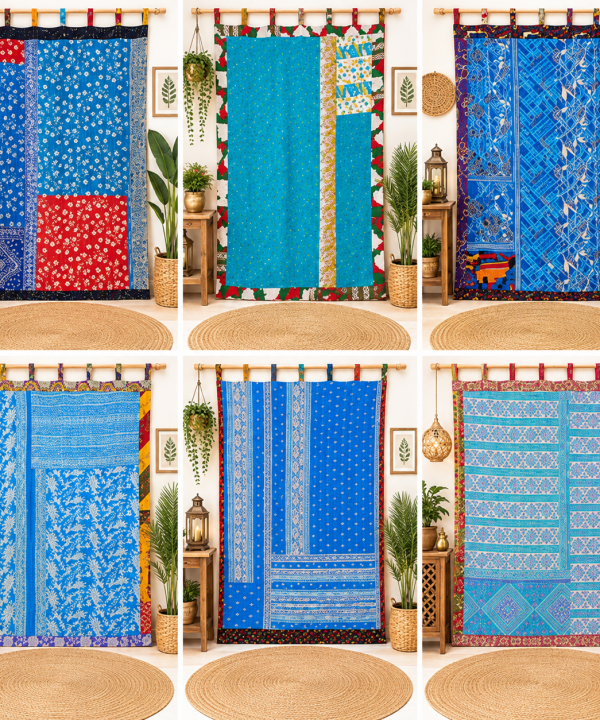 Blue Vintage Kantha Curtain – Handmade Cotton Patchwork Boho Indian Window Door Curtain – 1 Pc