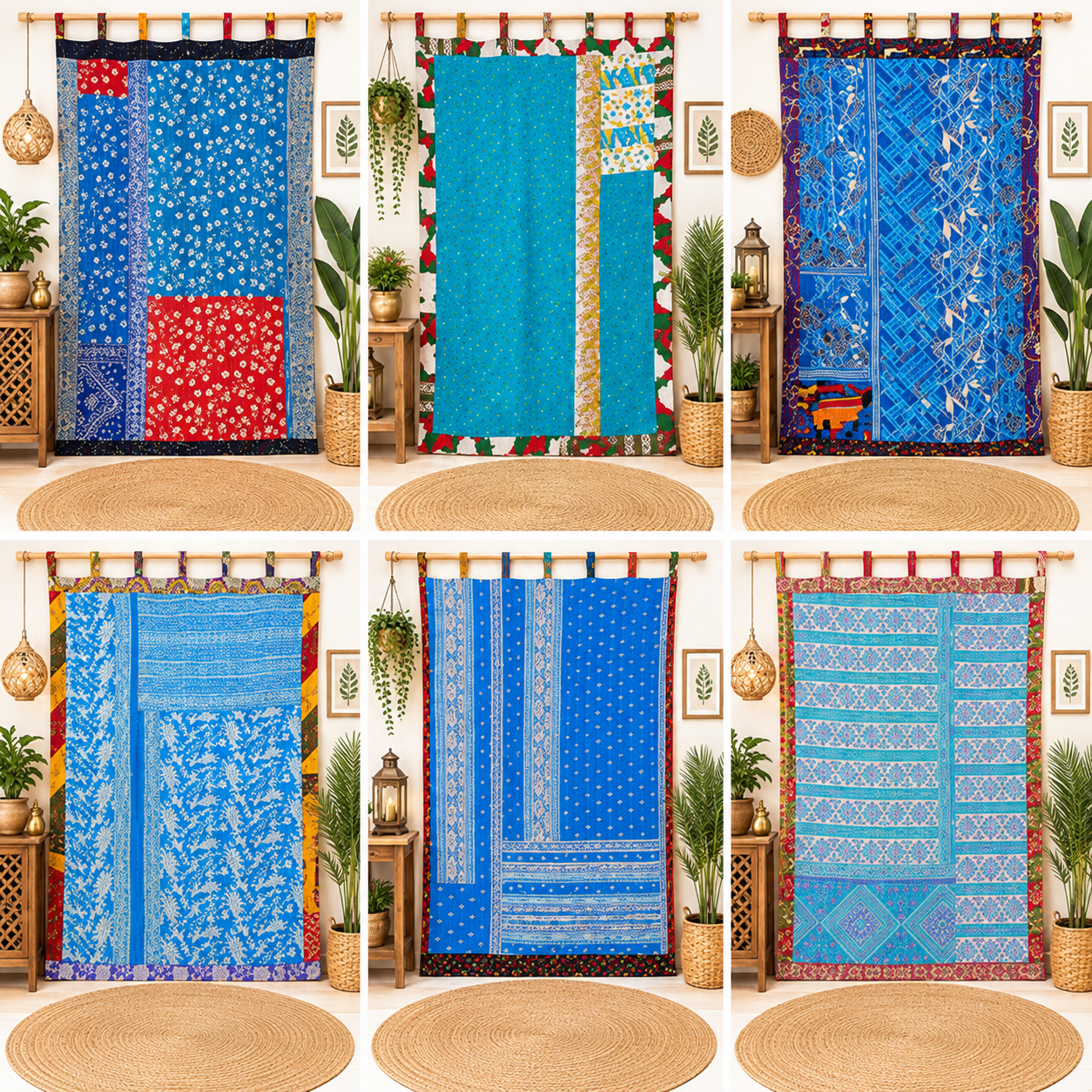 Blue Vintage Kantha Curtain – Handmade Cotton Patchwork Boho Indian Window Door Curtain – 1 Pc