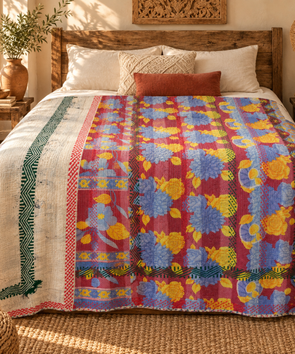 Alternative view of Vintage Multicolor Floral Kantha Quilt 60x90 Inches – Hand Stitched Cotton Boho Throw