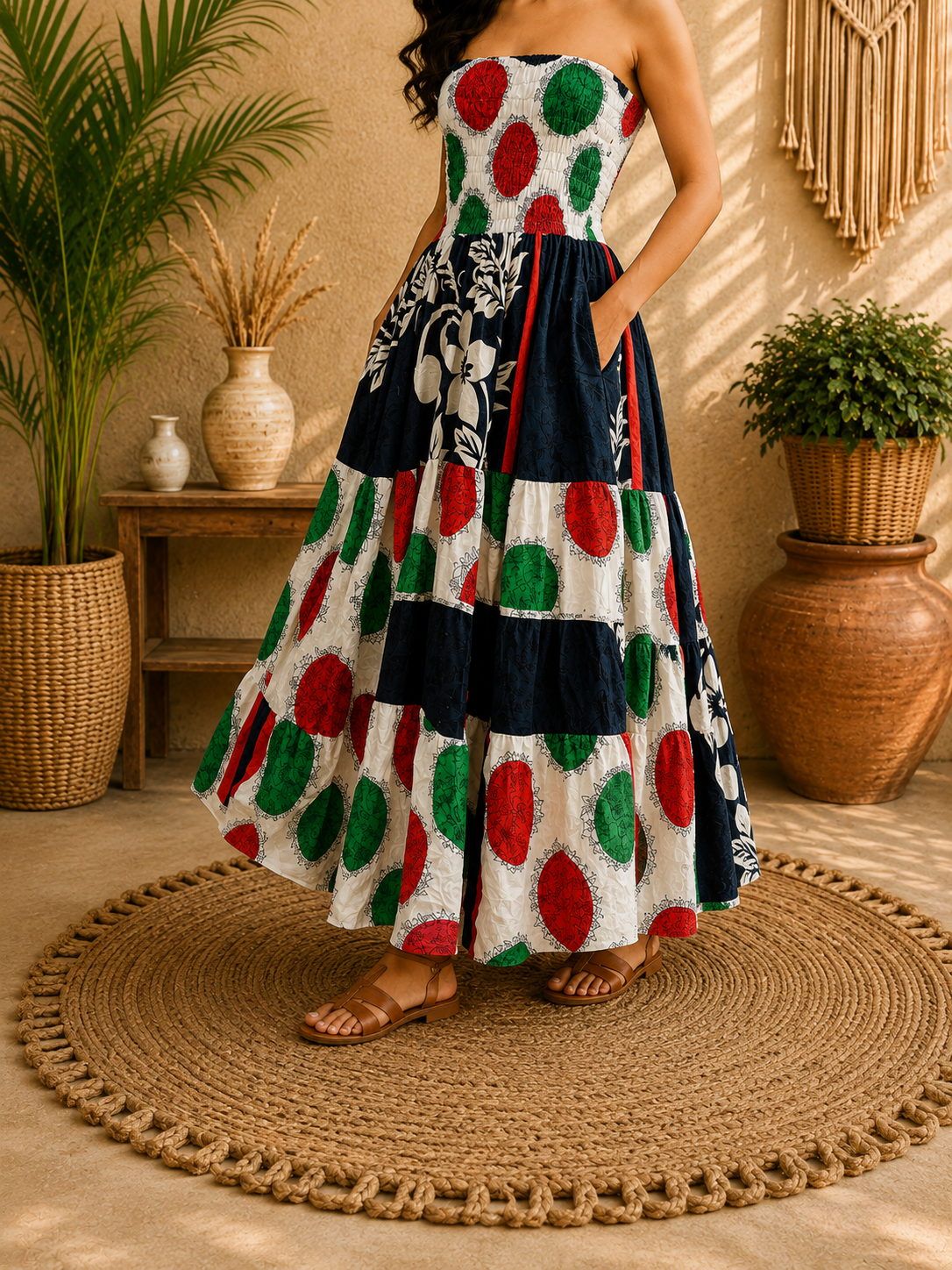 Black White Red & Green Patchwork Maxi Dress – Strapless Smocked Tiered Boho Summer Dress - Image 5