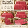 Vintage Red Kantha Quilt – Hand Stitched Floral Cotton Indian Bedspread 60 x 90 Inches - Image 4
