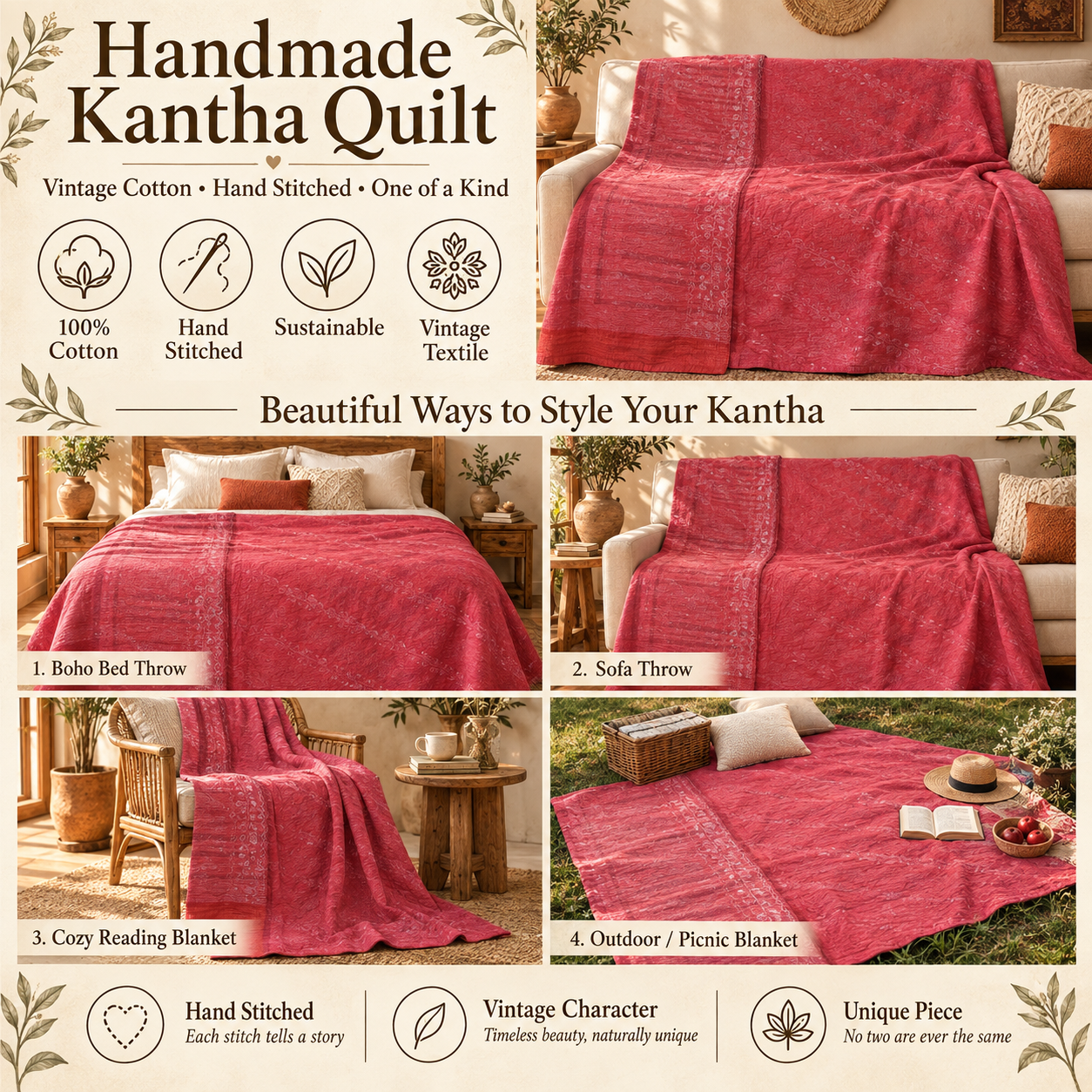 Vintage Red Kantha Quilt – Hand Stitched Floral Cotton Indian Bedspread 60 x 90 Inches - Image 4