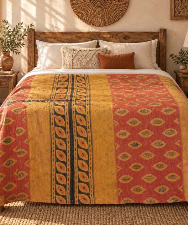 Alternative view of Vintage Mustard Yellow & Rust Red Kantha Quilt 60x90 Inches – Handmade Cotton Bedspread Throw