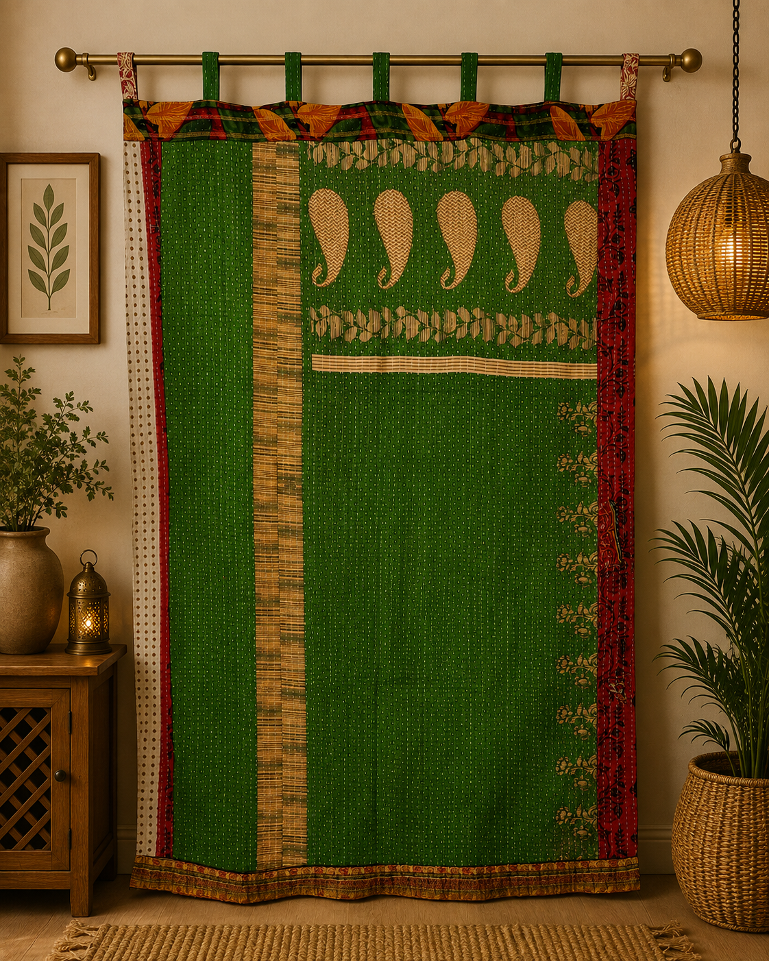Green Vintage Kantha Curtain – Handmade Cotton Patchwork Boho Indian Window Door Curtain – 1 Pc - Image 4