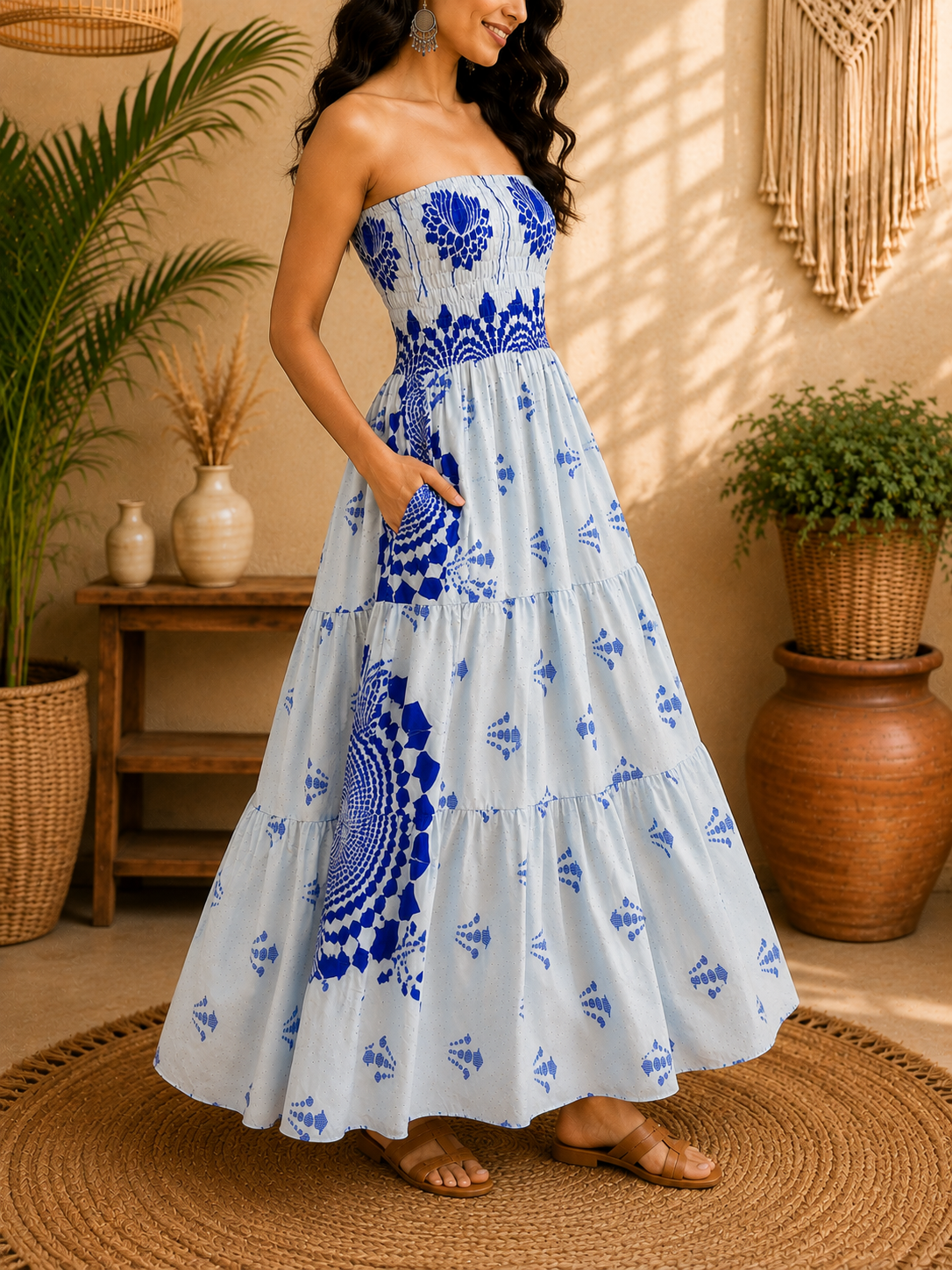 White & Royal Blue Floral Maxi Dress – Strapless Smocked Tiered Boho Summer Dress - Image 5
