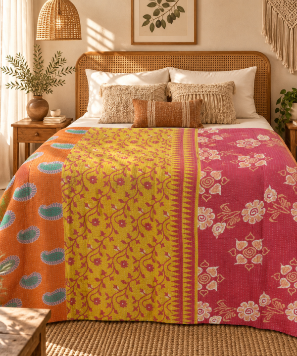 Alternative view of Vintage Pink Kantha Quilt – Handmade Floral Recycled Sari Bedspread, Reversible Indian Boho Throw Blanket
