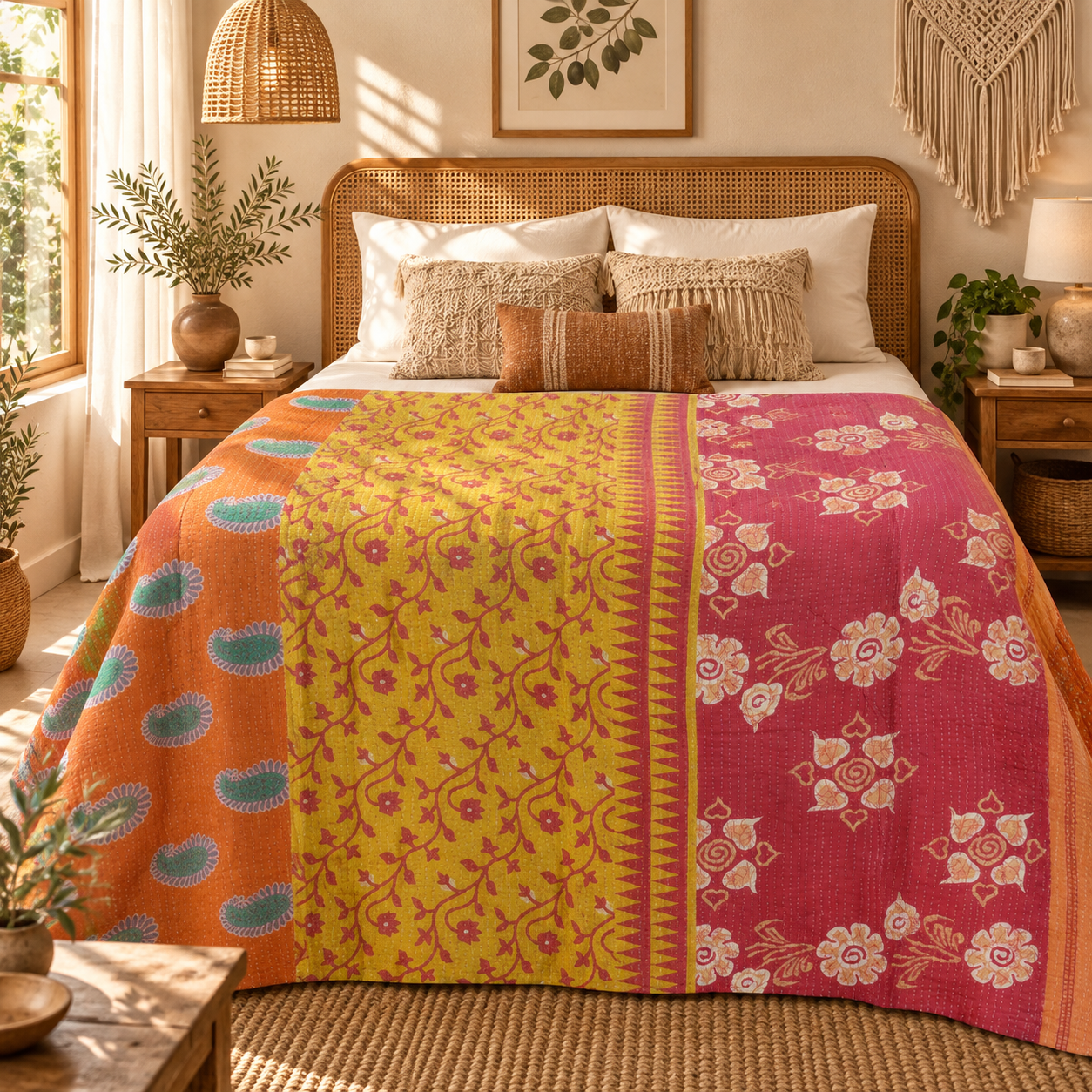 Vintage Pink Kantha Quilt – Handmade Floral Recycled Sari Bedspread, Reversible Indian Boho Throw Blanket - Image 2