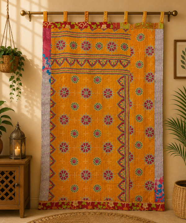 Alternative view of Yellow Vintage Kantha Curtain – Handmade Cotton Patchwork Boho Indian Window Door Curtain – 1 Pc