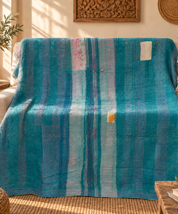 Vintage Teal Blue Kantha Quilt – Hand Stitched Cotton Bedspread Throw 60 x 90 Inches