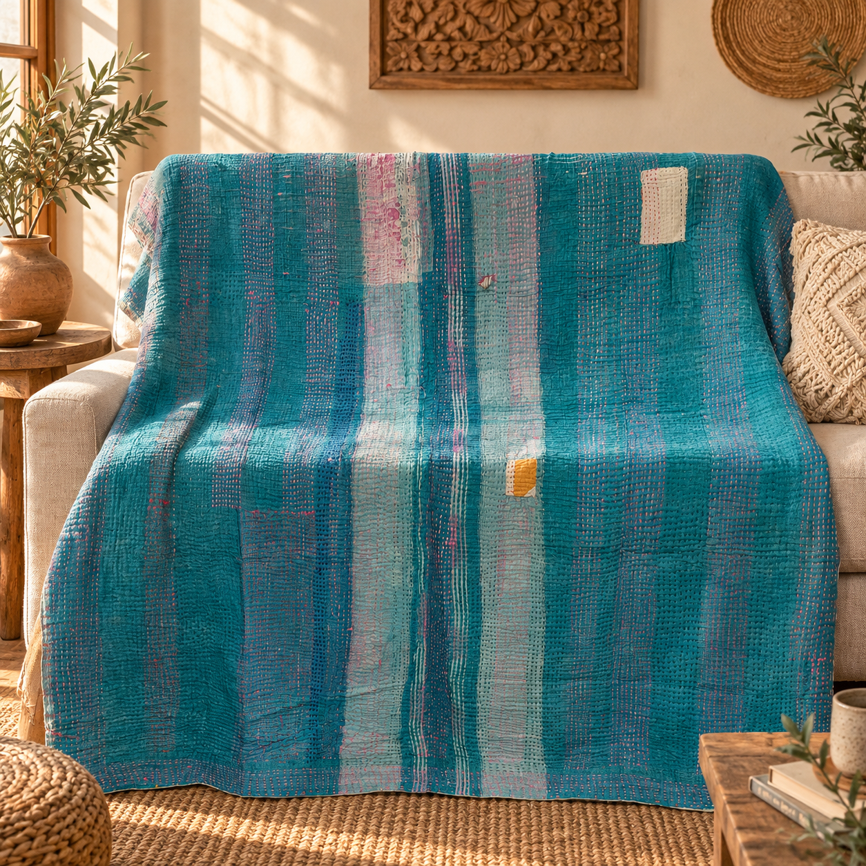 Vintage Teal Blue Kantha Quilt – Hand Stitched Cotton Bedspread Throw 60 x 90 Inches