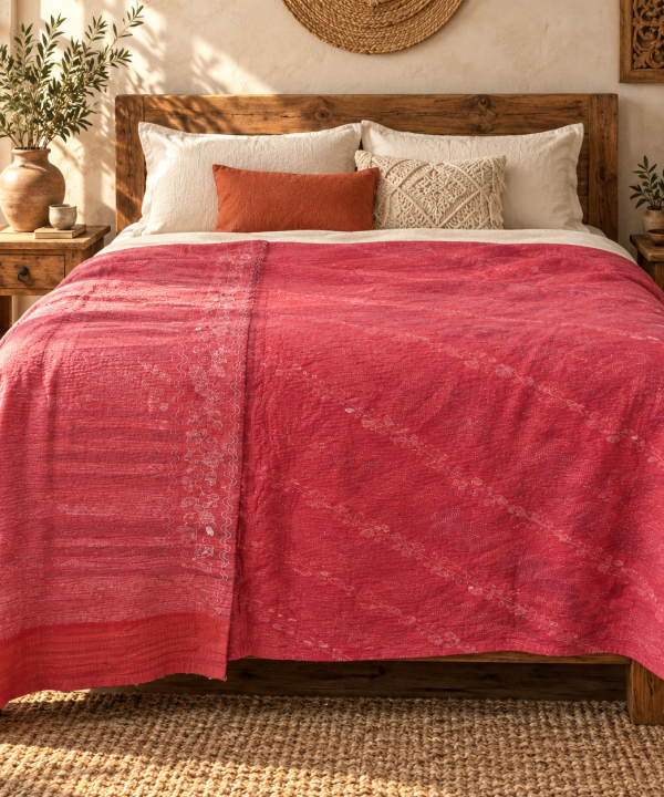 Alternative view of Vintage Red Kantha Quilt – Hand Stitched Floral Cotton Indian Bedspread 60 x 90 Inches