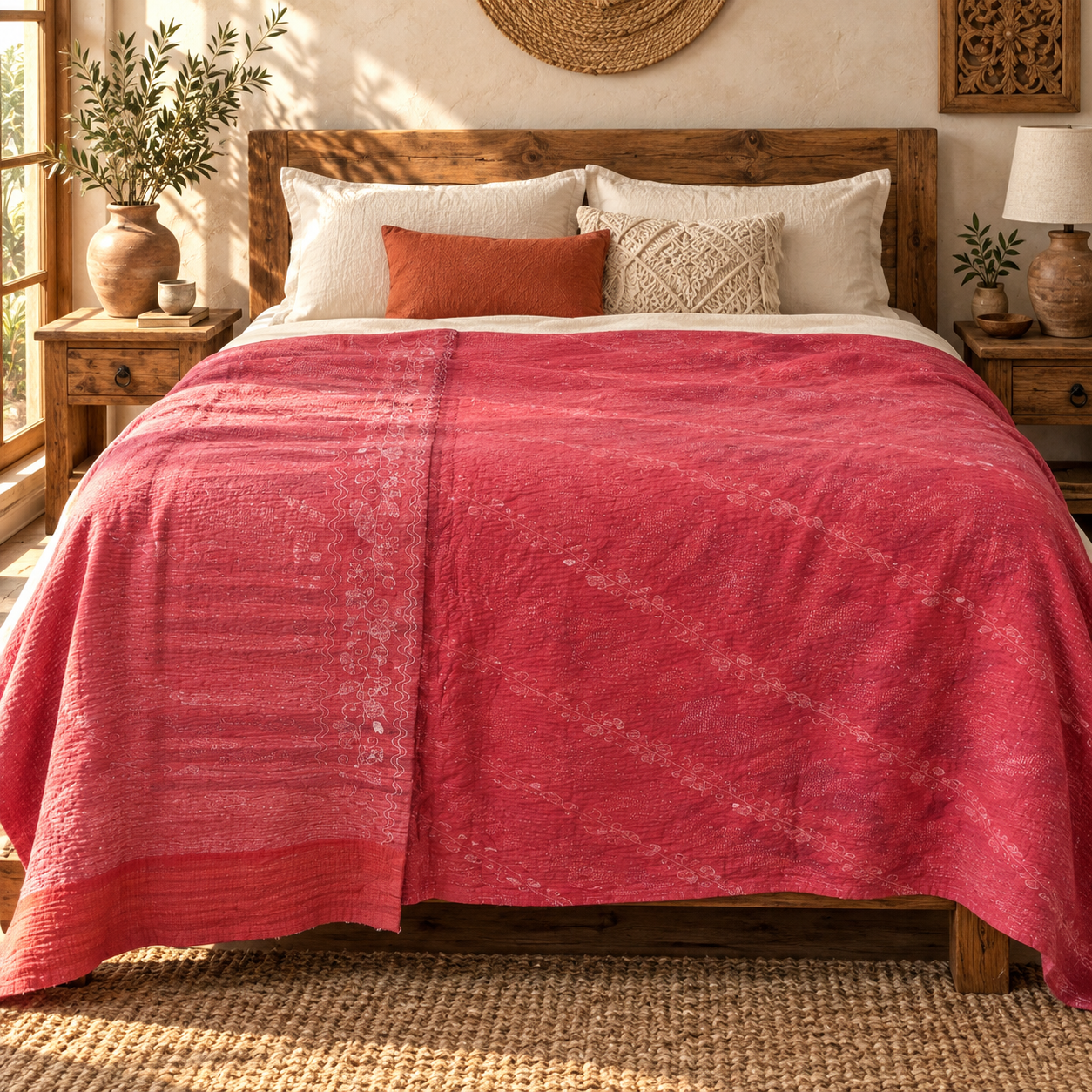Vintage Red Kantha Quilt – Hand Stitched Floral Cotton Indian Bedspread 60 x 90 Inches - Image 2