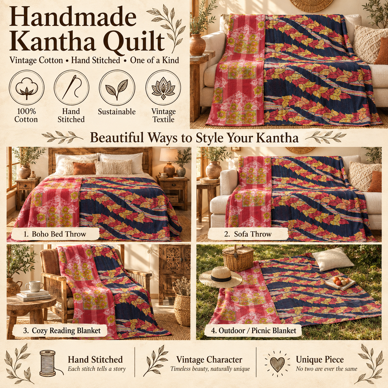Vintage Navy Blue & Red Kantha Quilt – Floral Hand Stitched Cotton Bedspread 60 x 90 Inches - Image 4
