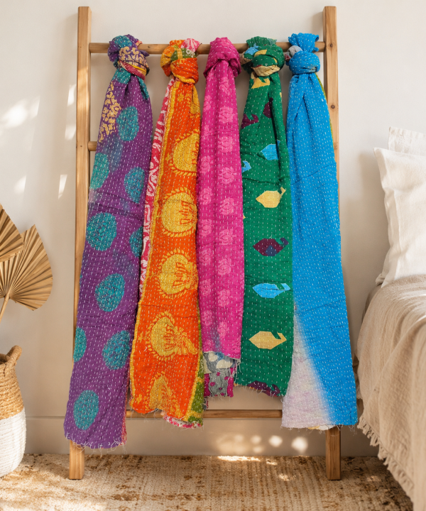 Alternative view of Vintage Kantha Patchwork Scarf Set – Handmade Recycled Cotton Boho Indian Shawl Wrap – 5 Pcs