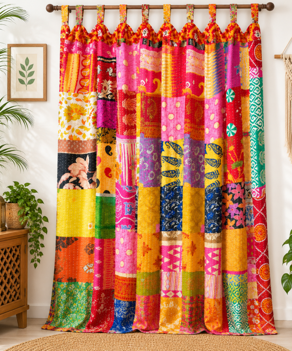 Alternative view of Vintage Kantha Patchwork Curtain – Handmade Multicolor Cotton Boho Window Door Curtain – 1 Pc