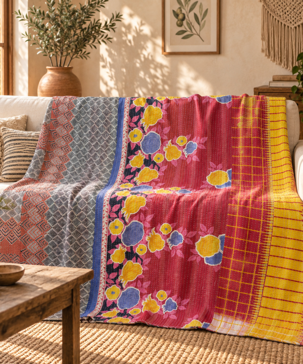 Vintage Handmade Kantha Quilt – Pink & Grey Floral Recycled Cotton Bedspread, Indian Boho Sofa Throw Blanket