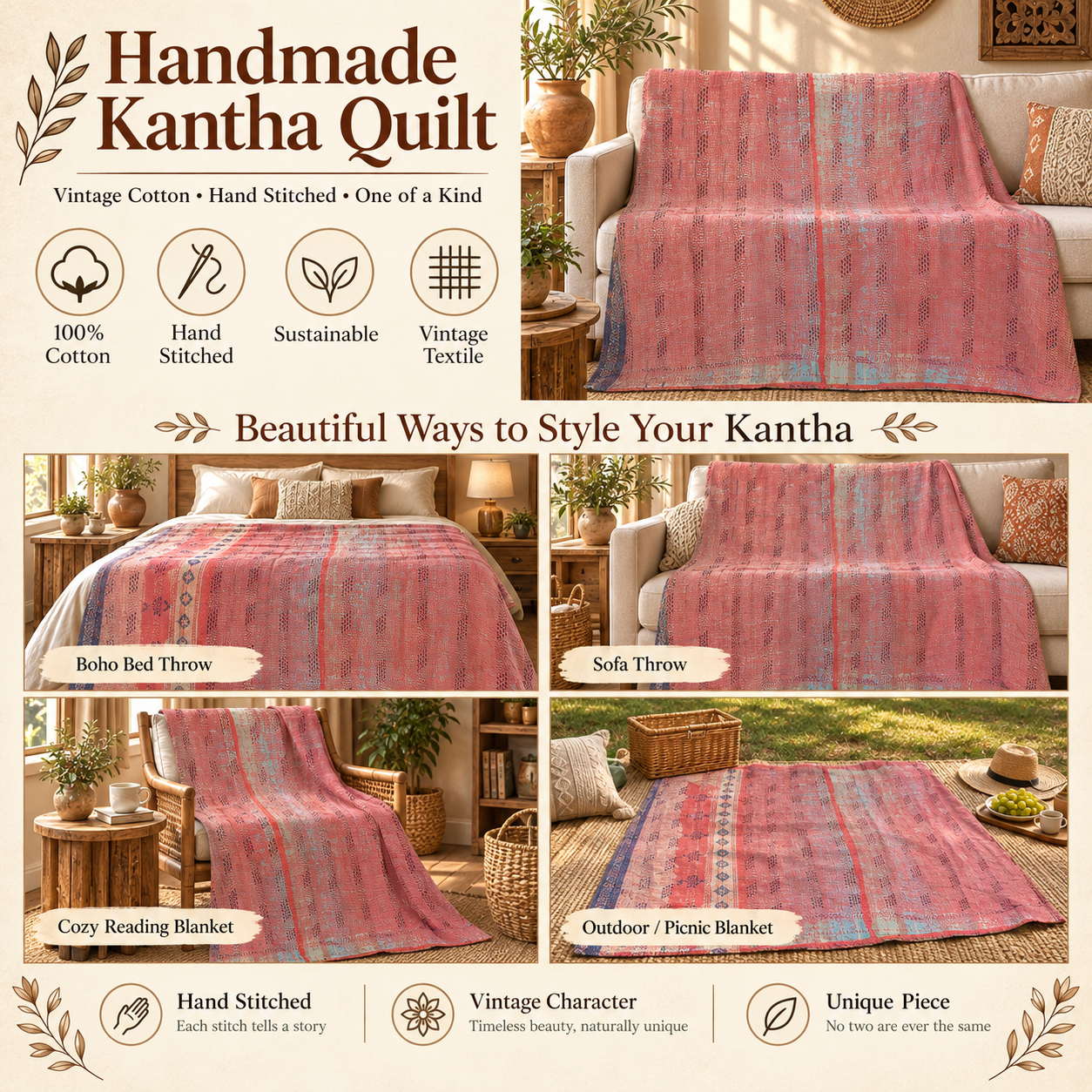 Vintage Kantha Quilt Coral Pink Cotton Throw – Handmade Indian Bedspread 60 x 90 Inches - Image 4