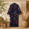 Black Floral Bird Print Cotton Long Kimono Robe for Women – Boho Maxi Kimono Jacket, Free Size Open Front Cover Up - Image 3