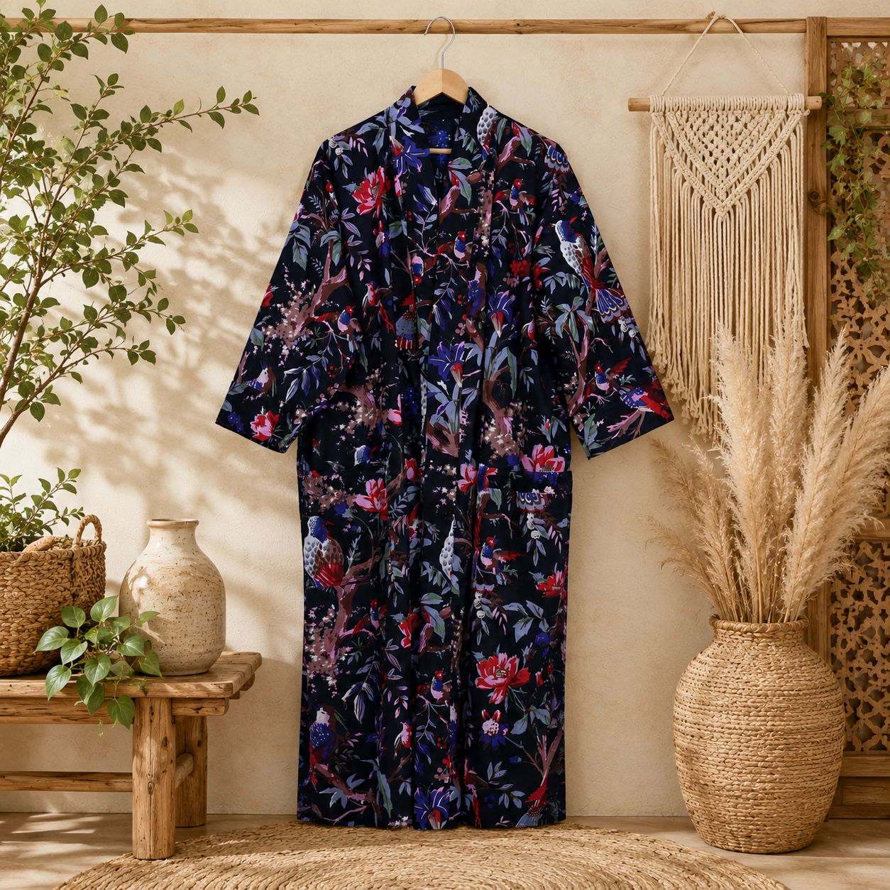 Black Floral Bird Print Cotton Long Kimono Robe for Women – Boho Maxi Kimono Jacket, Free Size Open Front Cover Up - Image 3