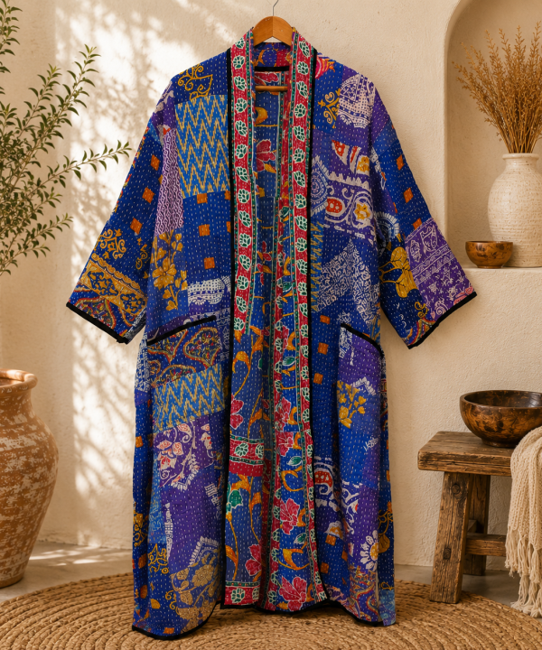 Alternative view of Royal Blue Purple Multicolor Vintage Kantha Long Kimono Robe – Handmade Patchwork Cotton Boho Jacket