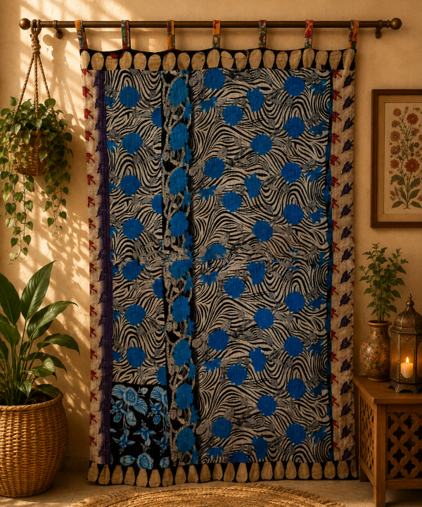 Alternative view of Blue Vintage Kantha Curtain – Handmade Cotton Patchwork Boho Indian Window Door Curtain – 1 Pc