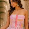 Pink Floral Patchwork Maxi Dress – Strapless Smocked Tiered Boho Summer Dress, High Low Festival Dress - Image 4